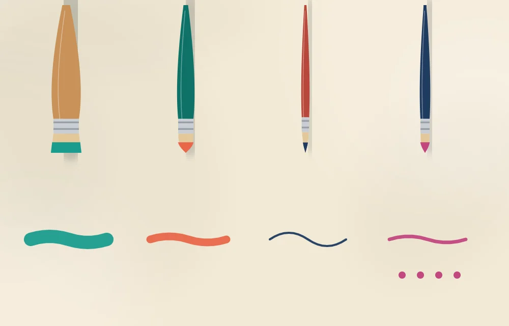 Four brushes side by side, a wide flat, a round, a thin liner and a small detail brush, each with a sample stroke of paint next to it