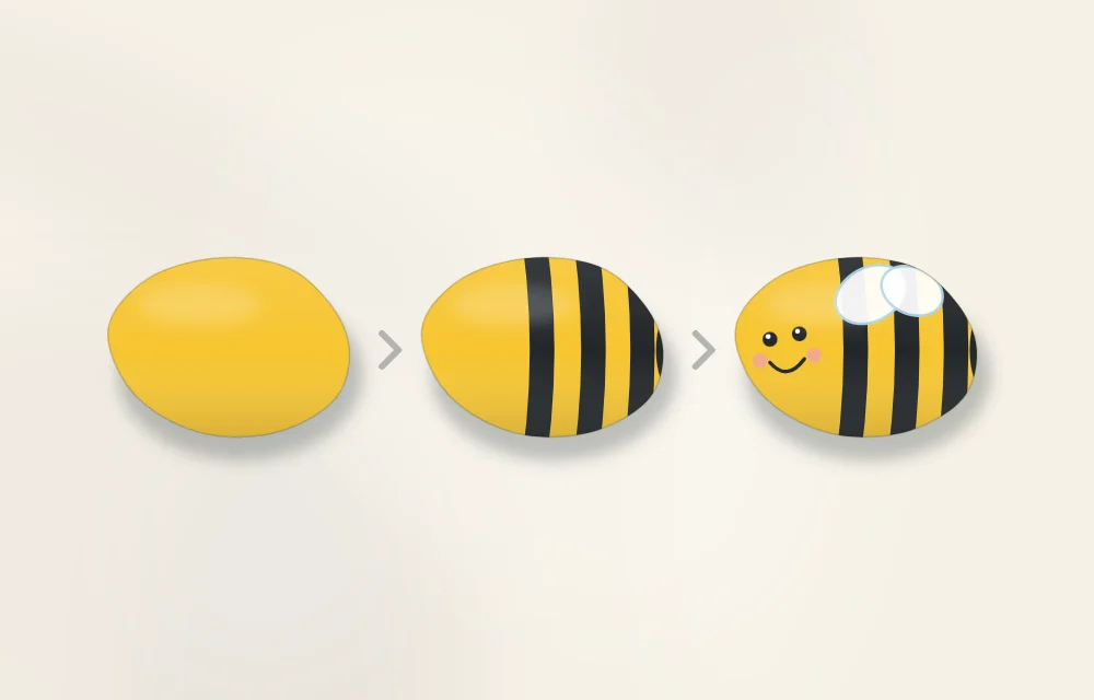 Bumblebee stone in three stages: yellow base coat, black stripes added, then white wings, eyes and a smile