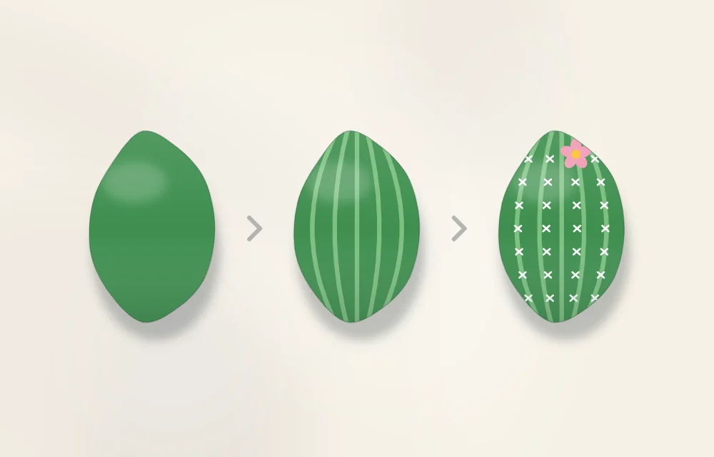 Three stages of a cactus stone: green base coat, lighter green stripes added, then white spines and a pink flower