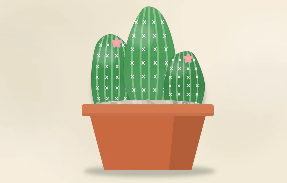 A terracotta pot seen from the side with three cactus stones of different heights standing in gravel