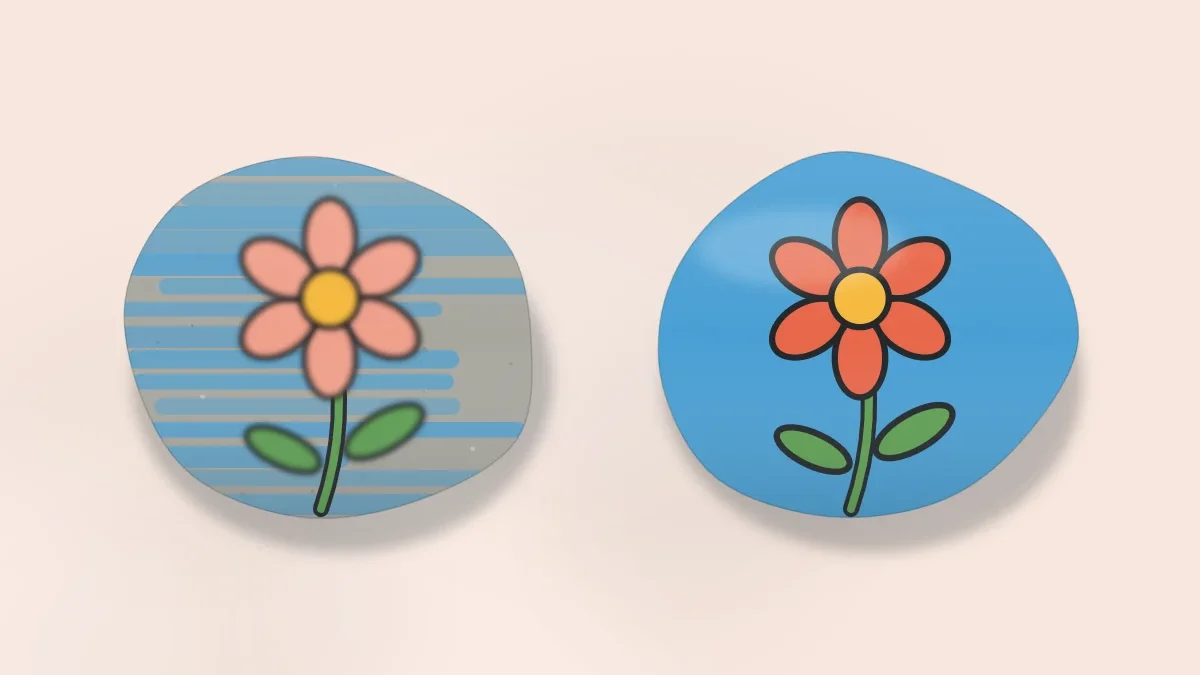 Two stones with the same flower design: one with patchy, streaky paint and wobbly lines, the other with even color and clean lines