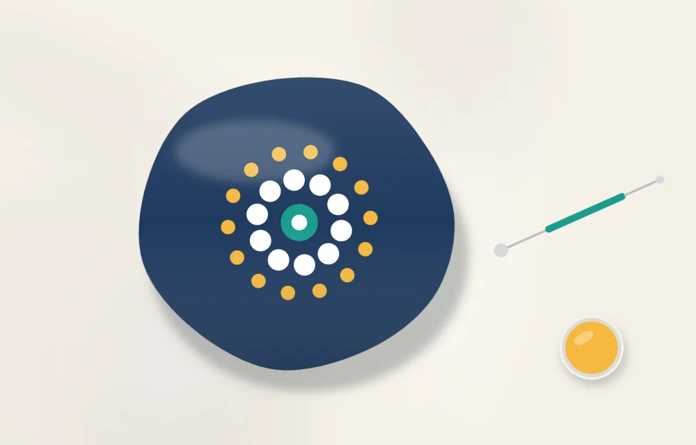 A dark stone with a dot pattern in progress: a center dot and two finished rings, with a dotting tool resting next to it