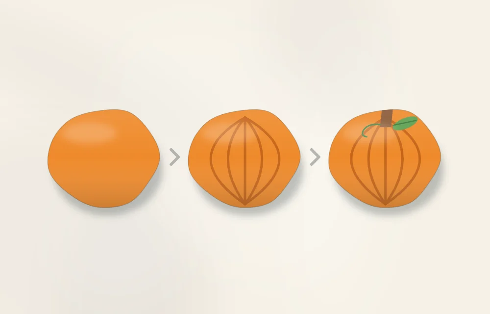 Three stages of a pumpkin stone: orange base coat, darker curved rib lines added, then a brown stem and a green leaf