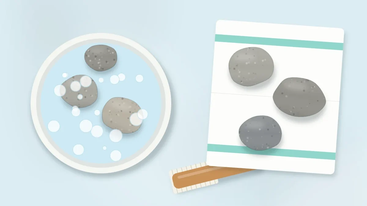 A bowl of soapy water with stones in it, a scrub brush, and three clean stones drying on a folded towel