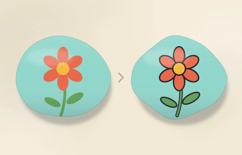 The same flower stone twice: on the left without outlines, on the right with thin dark outlines around every shape