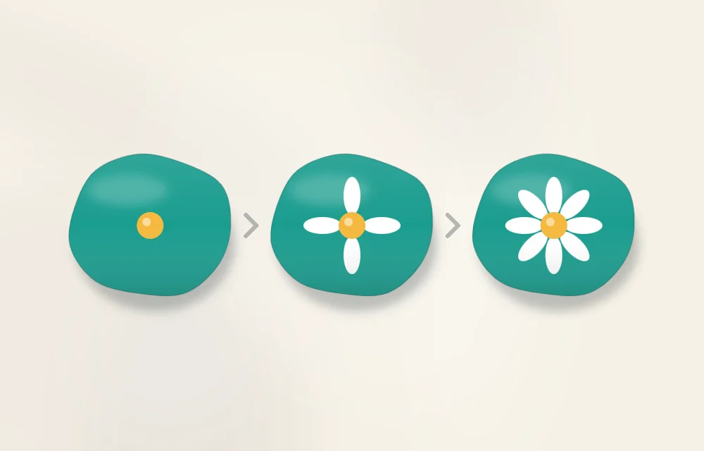 Three teal stones showing a daisy in stages: yellow center dot only, four white petals added, then all eight petals