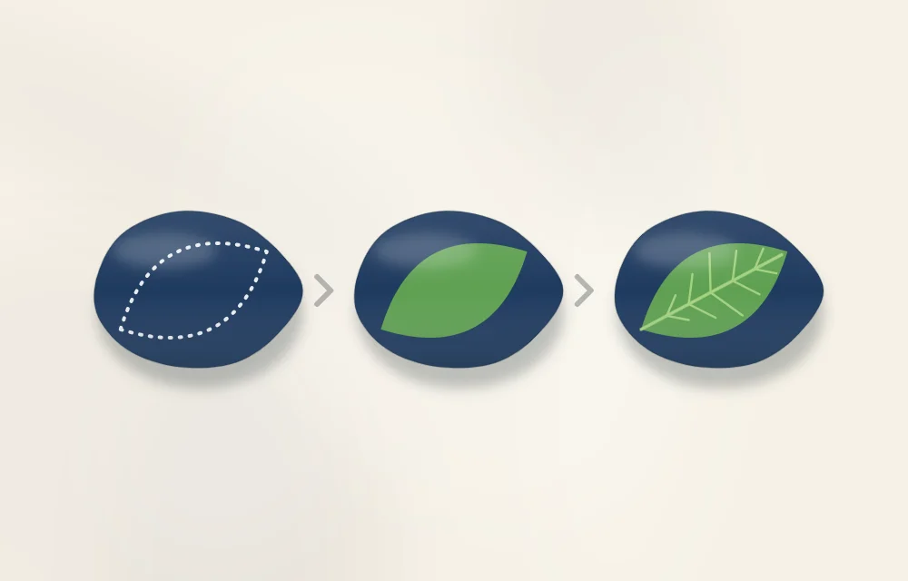 A leaf painted in three stages on stones: the outline of the leaf shape, the shape filled with green, then a center vein and side veins
