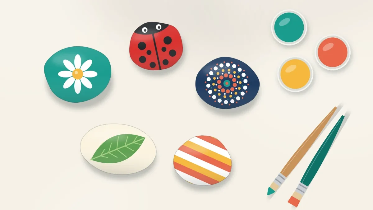 Five smooth painted stones with a daisy, a ladybug, colored dots, a leaf and stripes beside two paintbrushes and three small open pots of paint