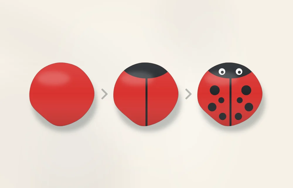 Ladybug stone in three stages from left to right: plain red base coat, black head and center line added, then spots and eyes added