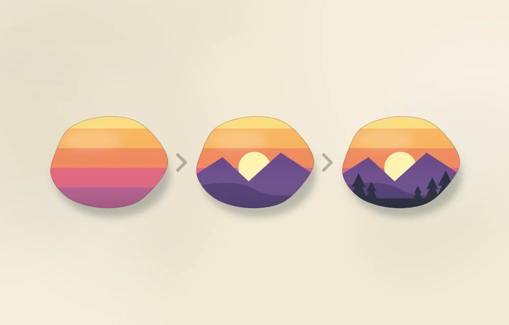 A sunset landscape stone in three stages: horizontal bands of sky color, sun and hills added, then dark tree silhouettes in the foreground