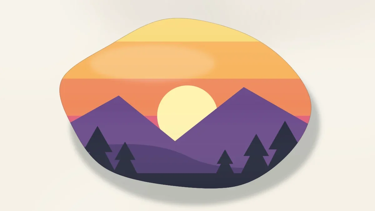 A wide stone painted with a sunset landscape: bands of orange and pink sky, a yellow sun, purple mountains and dark tree silhouettes