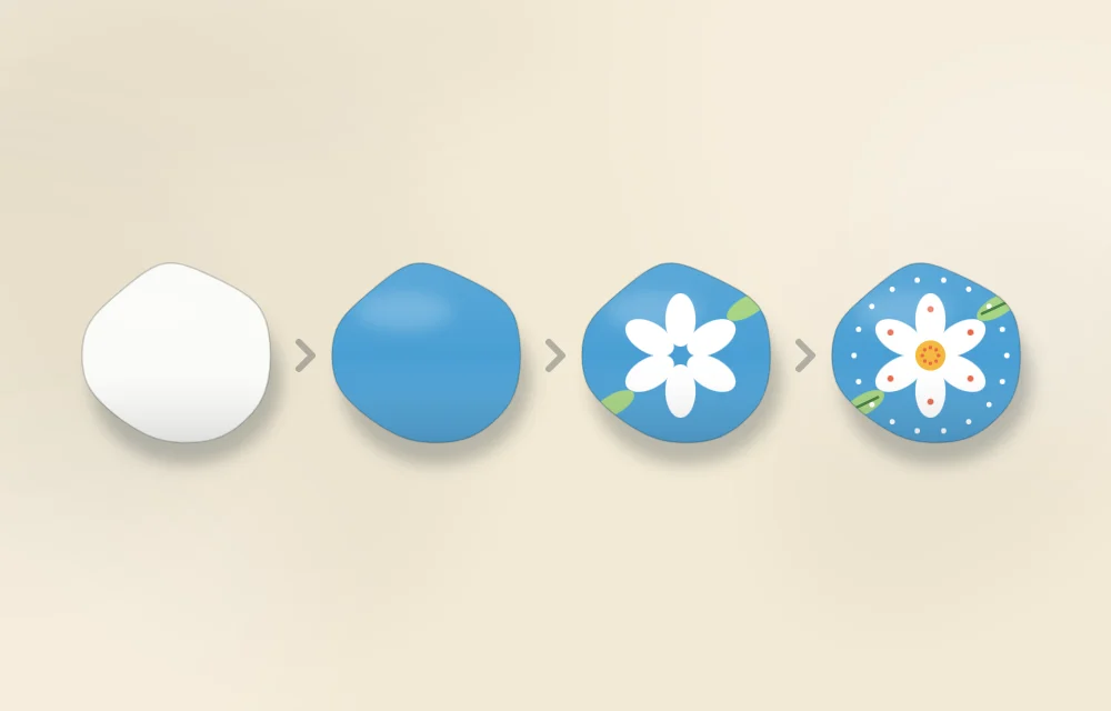 Four stones showing one design built in layers: white base coat, background color, main shapes, then highlights and details