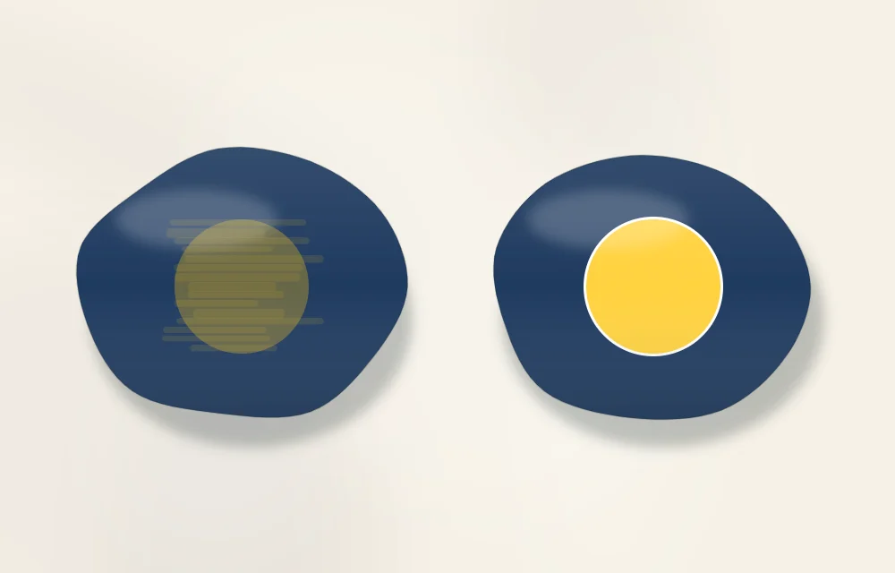 Two dark stones with the same yellow circle: dull and see-through on the left, bright on the right over a white underlayer