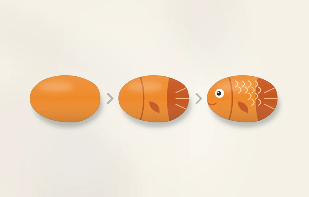 Fish stone in three stages: one base color, tail and fin shapes blocked in, then rows of scales and an eye added
