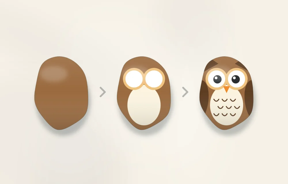 Owl stone in three stages: body base color, cream belly and eye circles added, then pupils, beak and feather marks