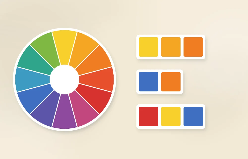 A twelve-segment color wheel with three small palettes of swatches beside it: neighboring colors, opposite colors and three evenly spaced colors
