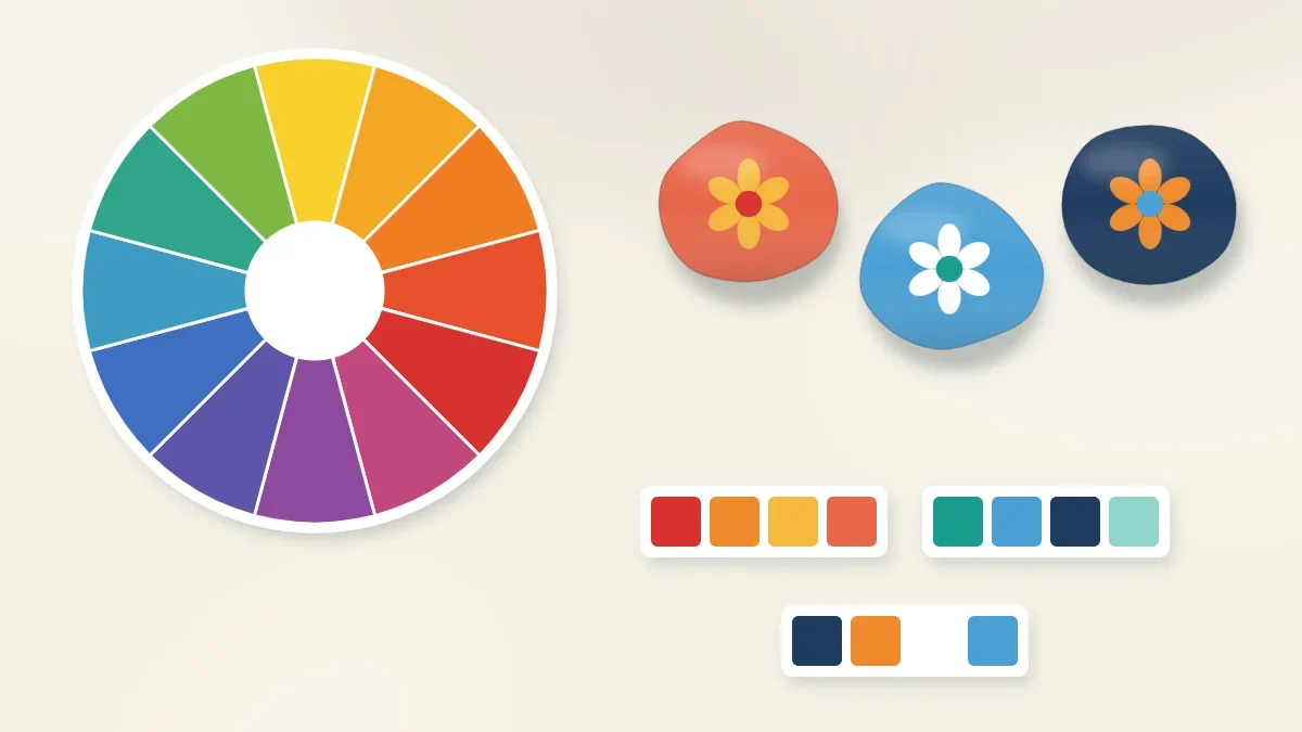A twelve-color wheel next to three stones painted with the same pattern in three different palettes, with paint swatches below