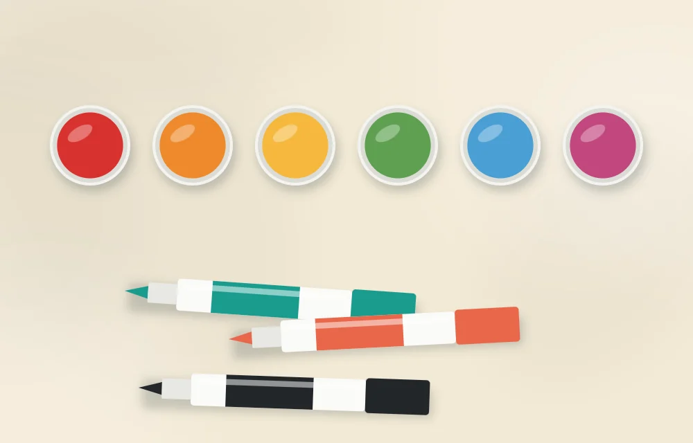 Row of six small open pots of acrylic paint in different colors with three paint pens lying below them