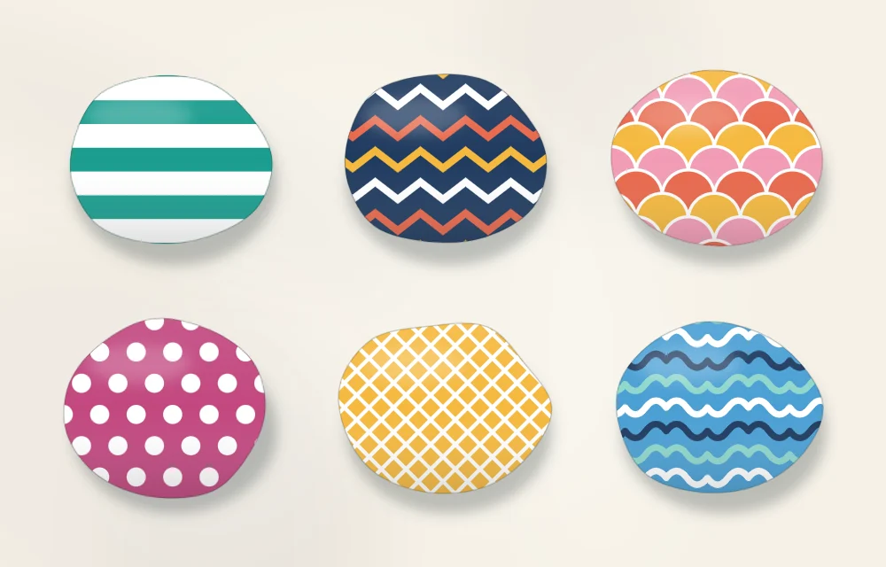 Six stones in two rows, each covered in one pattern: stripes, zigzag, scallops, polka dots, crosshatch and waves