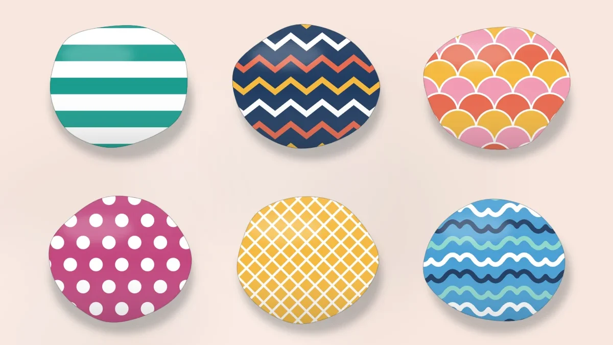 Six stones, each covered in one repeating pattern: stripes, zigzags, scallops, polka dots, crosshatch and waves