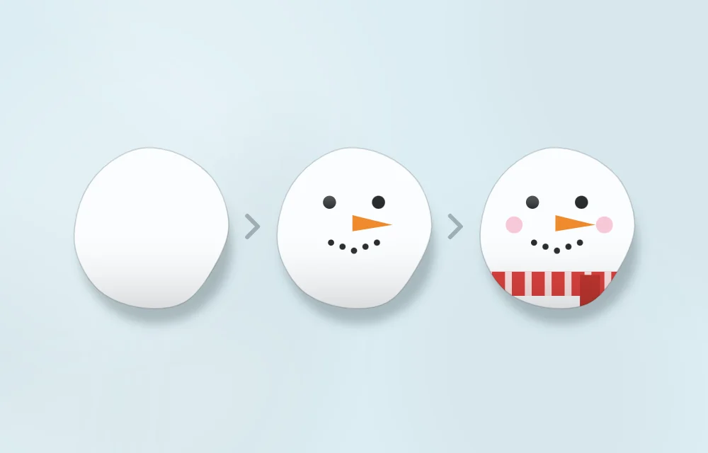 Three stages of a snowman stone: white base coat, coal eyes, carrot nose and mouth added, then a scarf